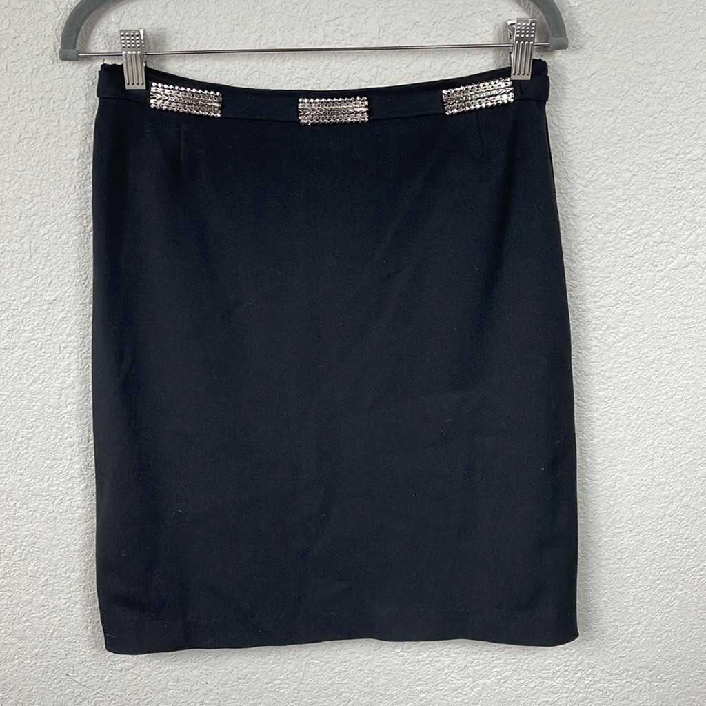 Vertigo Paris Black Pencil Skirt Silver Metal Bars Career Office